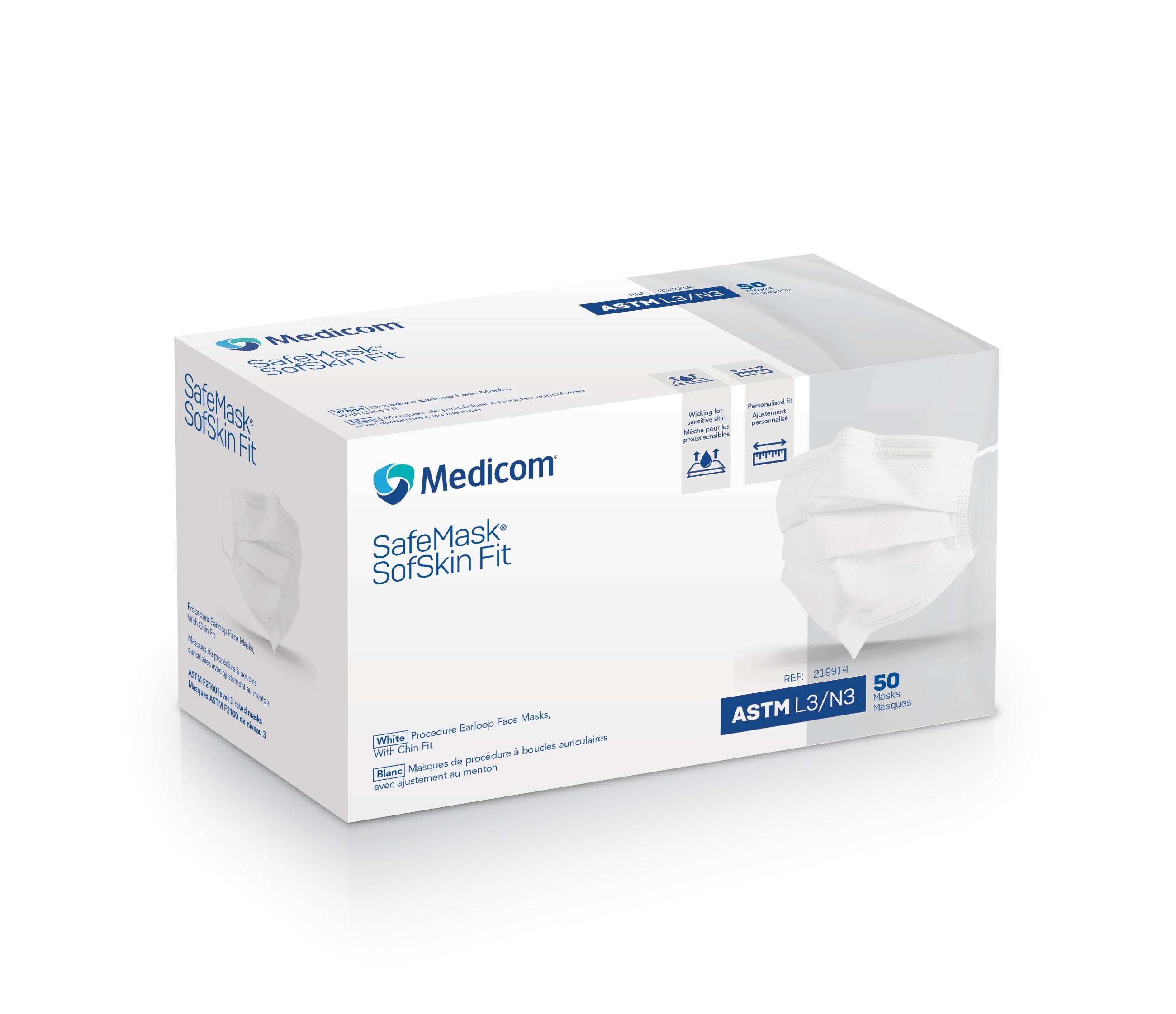 SafeMask SofSkin Fit White L3 Procedure Earloop Face Mask, With Chin Fit - 50/Box
