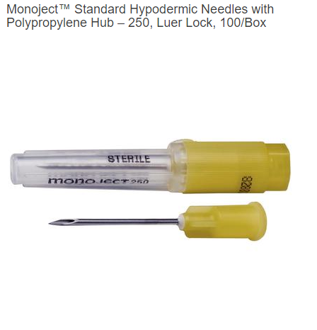 Monoject™ Standard Hypodermic Needles with Polypropylene Hub – 250, Luer Lock, 100/Box