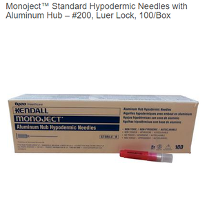 Monoject™ Standard Hypodermic Needles with Aluminum Hub – #200, Luer Lock, 100/Box