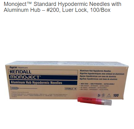 Monoject™ Standard Hypodermic Needles with Aluminum Hub – #200, Luer Lock, 100/Box
