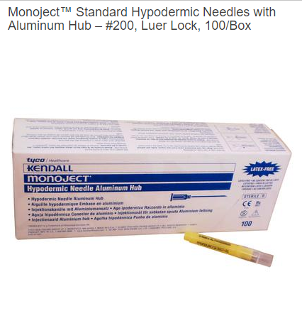 Monoject™ Standard Hypodermic Needles with Aluminum Hub – #200, Luer Lock, 100/Box